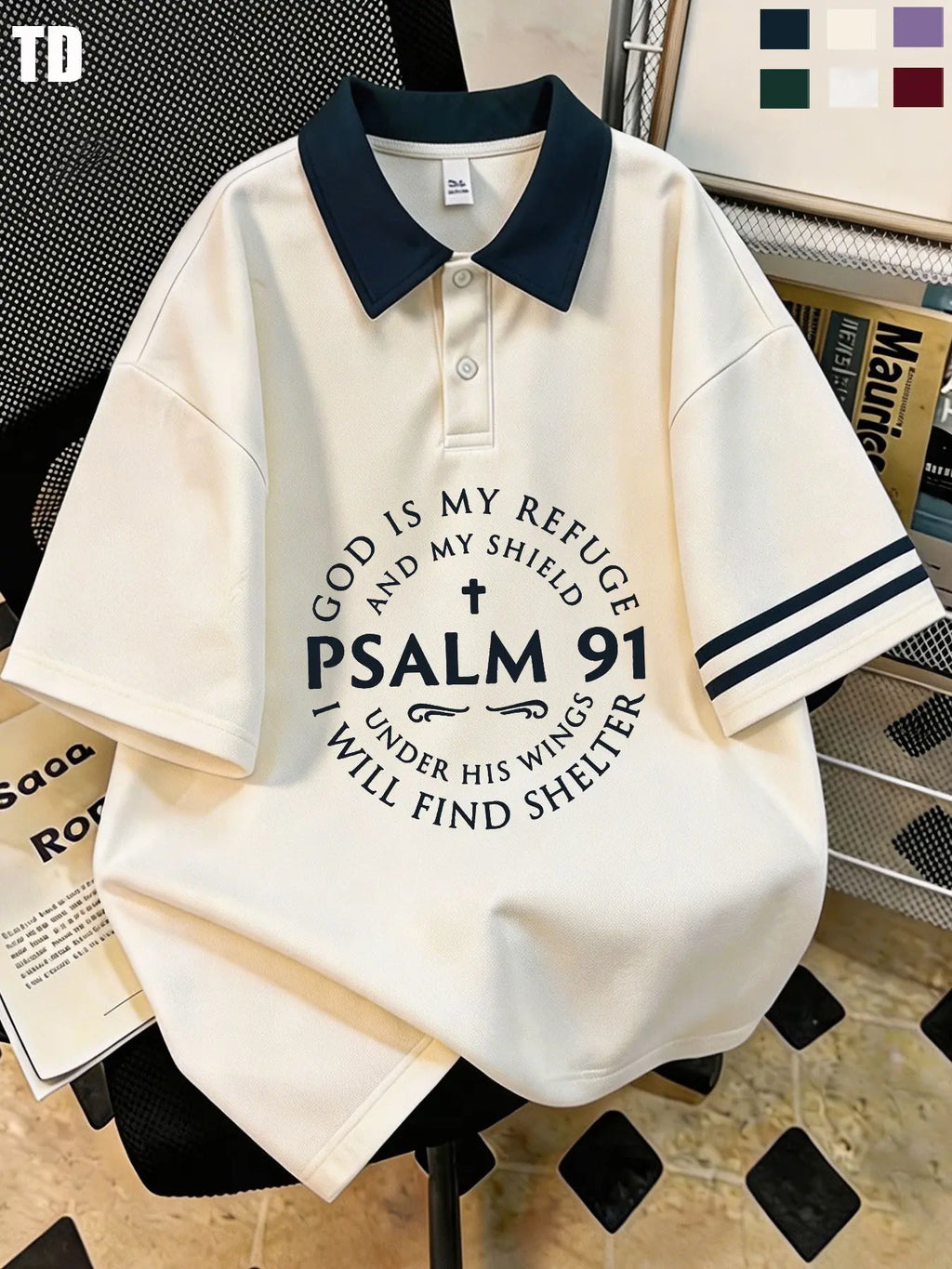 Td Psalm 91 God Is My Refuge Polo Shirt, Unisex Casual Blouse, Patchwork Design, Fitted Style, 6 Colors Available, Comfortable Short Sleeve Top