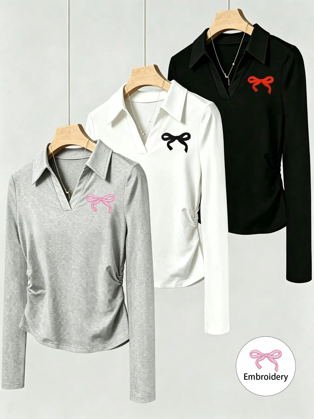 Women's Polo Collar Bow Embroidery Ruched Long Sleeve Top Shirts, Slim Fitted Stretch Knit, Office Layering & Casual Wear, 3 Packs