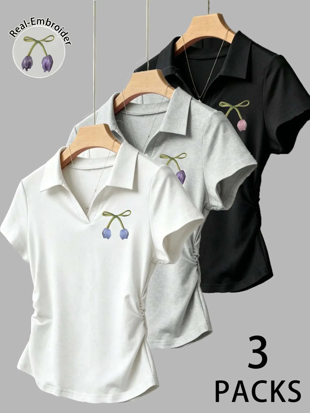 3-Pack Tulip Bow Embroidered Polo Short Sleeve T-Shirts, Waist Cinch Design, Fit, French Chic Style, Casual, Spring Summer Wear