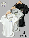 3-Pack Tulip Bow Embroidered Polo Short Sleeve T-Shirts, Waist Cinch Design, Fit, French Chic Style, Casual, Spring Summer Wear