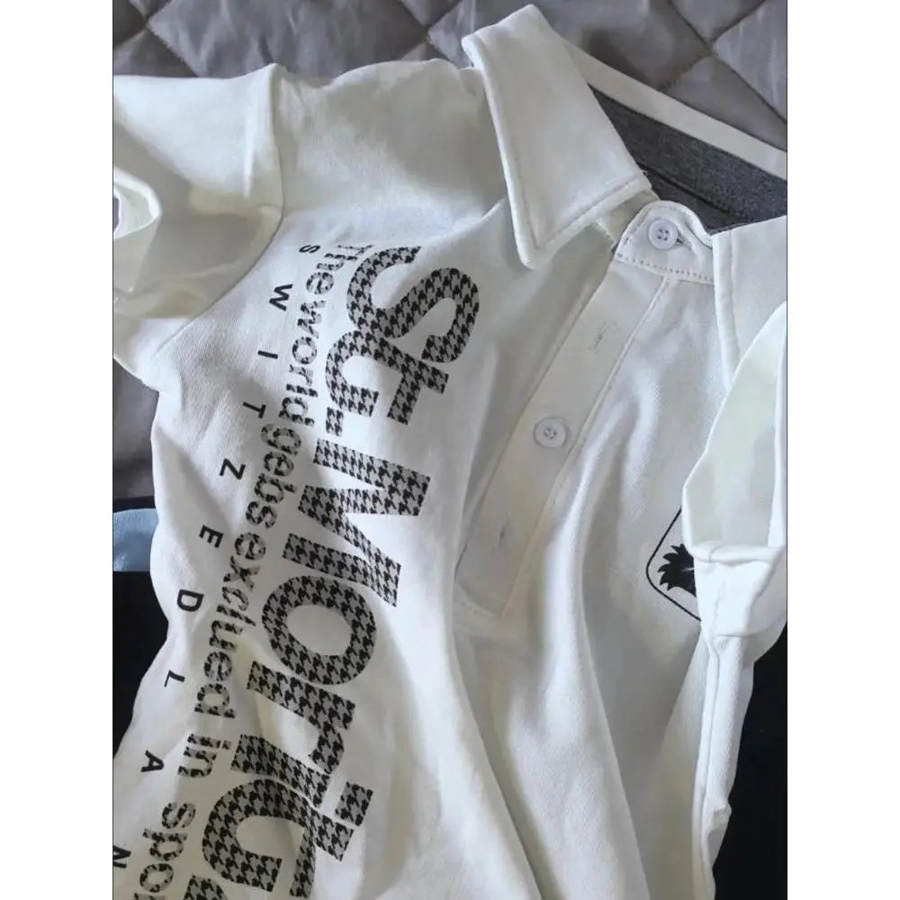 Women's Slim-Fitting Vintage Harajuku Polo Shirt - 2025 White Short-Sleeve Casual Button Clothing Item with Letter Badge Houndstooth Tops, Machine Washable Adult Wear-2598