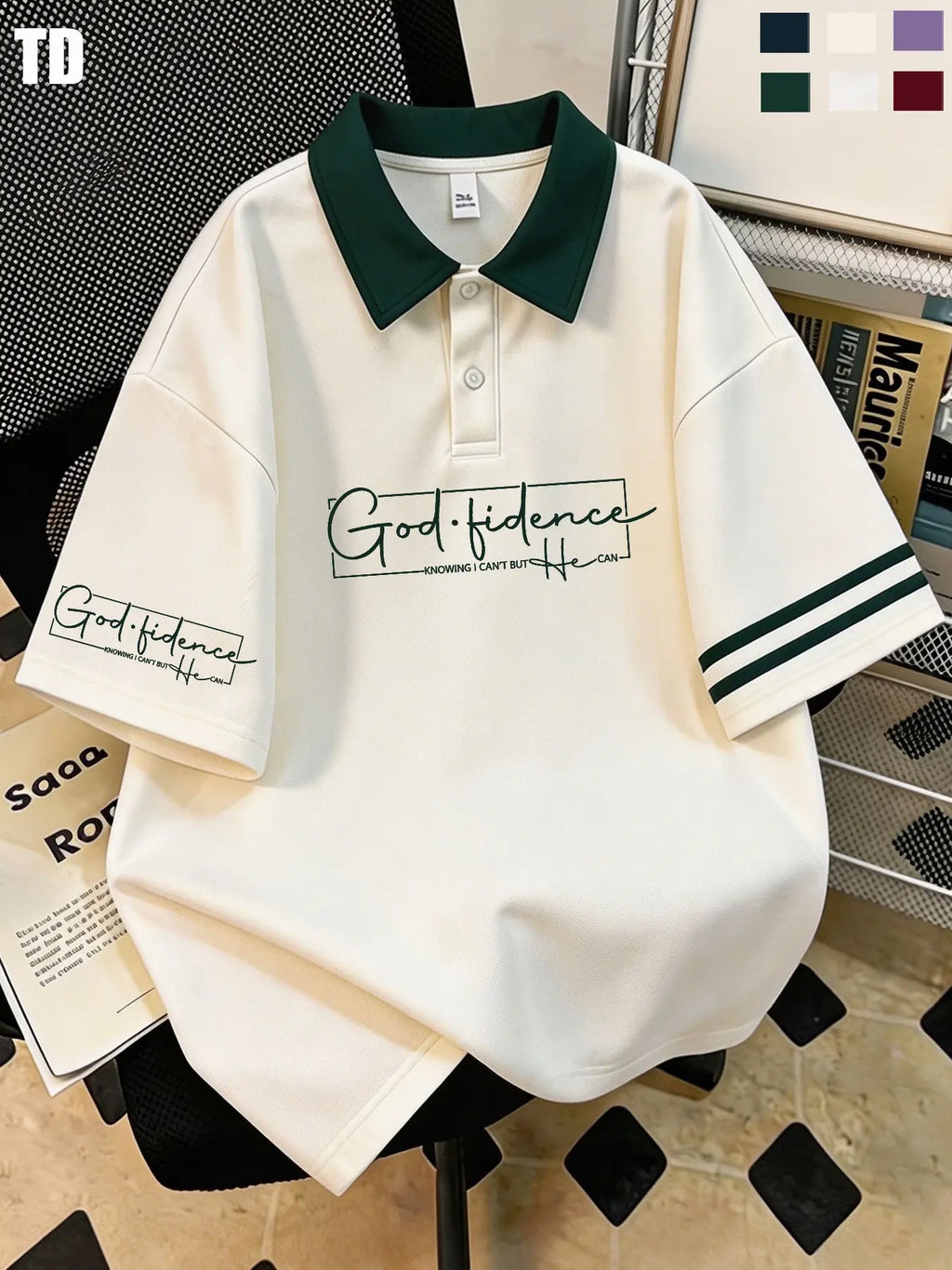 Td Faith Inspired Script Print Polo Shirts, Double Striped Cuff, Unisex 6 Colors, Breathable Street Tops, Casual