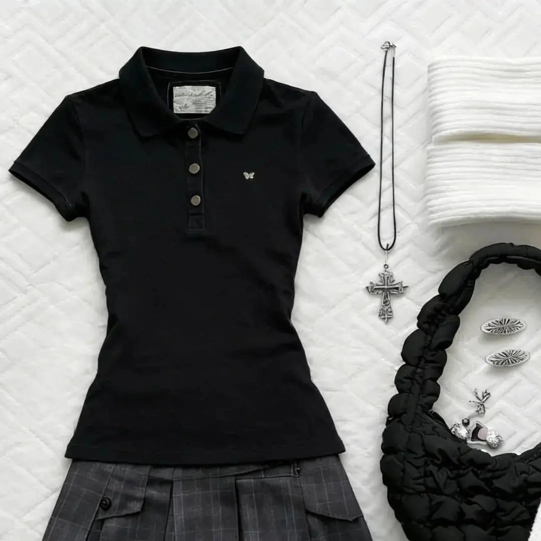 Women's Slim-Fitting Vintage Harajuku Polo Shirt - 2025 White Short-Sleeve Casual Button Clothing Item with Letter Badge Houndstooth Tops, Machine Washable Adult Wear-2598