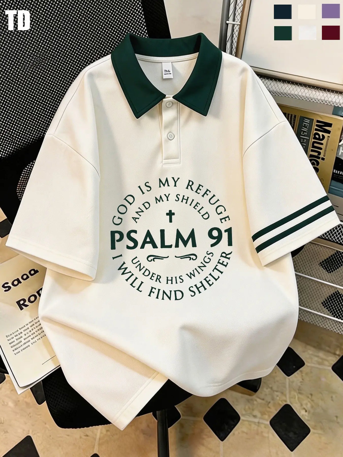 Td Psalm 91 God Is My Refuge Polo Shirt, Unisex Casual Blouse, Patchwork Design, Fitted Style, 6 Colors Available, Comfortable Short Sleeve Top