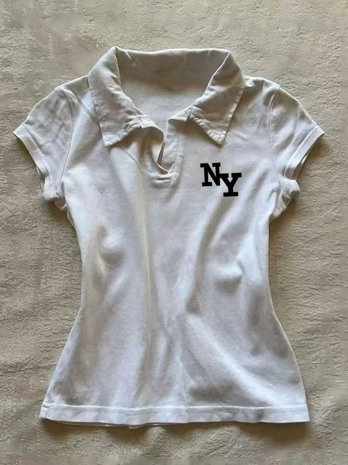 Women's NY Print Half Placket Polo Shirt, Casual Short Sleeve Collared Top for Daily Wear, Ladies Clothes for All Seasons