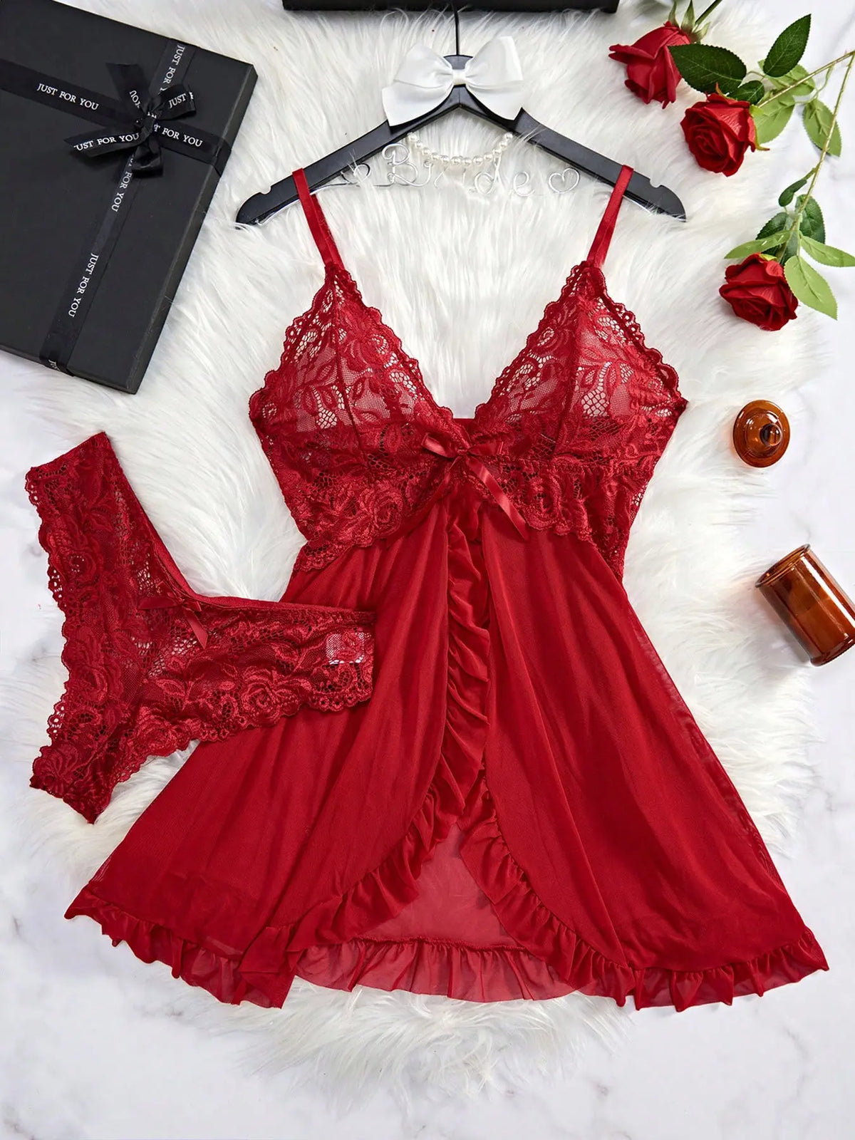 Women's 2-Piece Comfortable V-Neck Lingerie Set - Plain Lace Fabric with Black Trim Nightgown, Backless Ruffle Trim Split Hem Slip Dress with Thong for Elegant Sleepwear, Knitting Sohochic