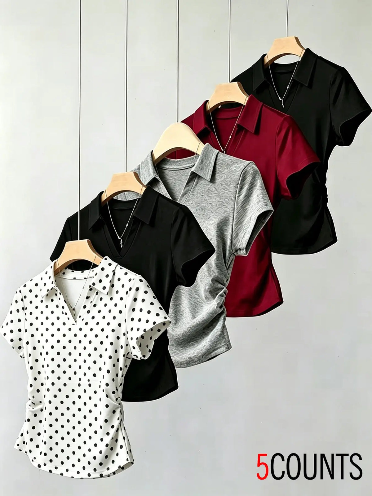 Five-Piece Collared V-Neck Waist-Cropped Short Sleeve Basic Minimalist T-Shirts for Women, Side Pleat Slim Fit Polo Shirts, Office Wear, Casual, 5 Colors