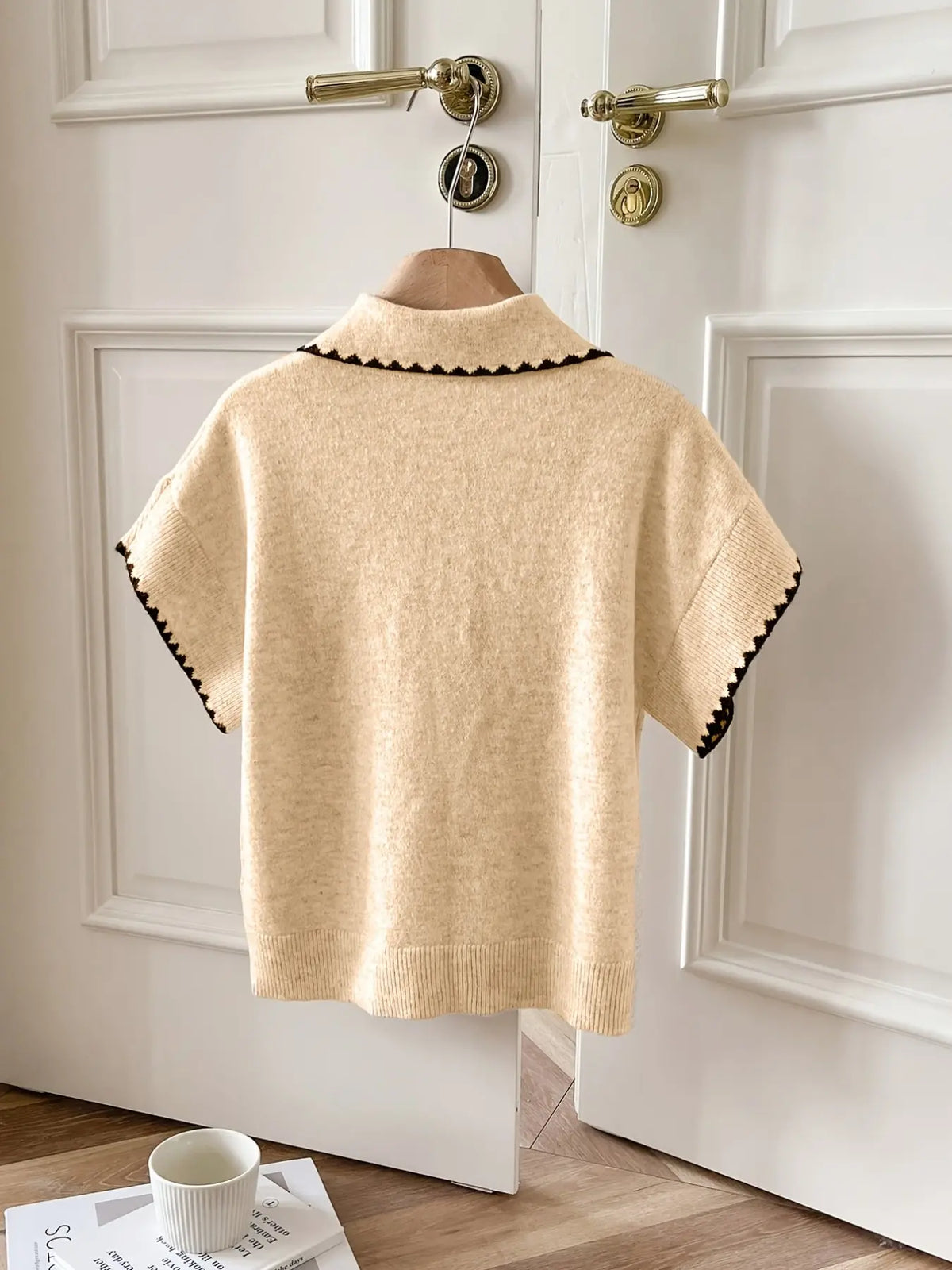 Women's Lapel Colorblock Button Knit Short Sleeve T-Shirt, Elegant Casual Style, Perfect for Spring and Summer, Comfortable and Stylish
