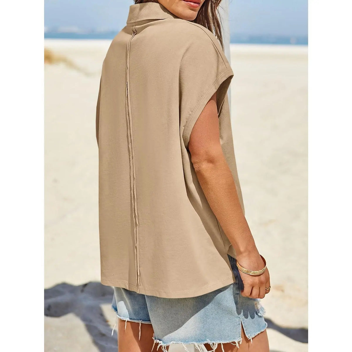 Imily Bela Womens Oversized Cap Sleeve Polo Shirts Summer Casual V Neck Tops Loose Fit Collared Cotton Tee Shirts