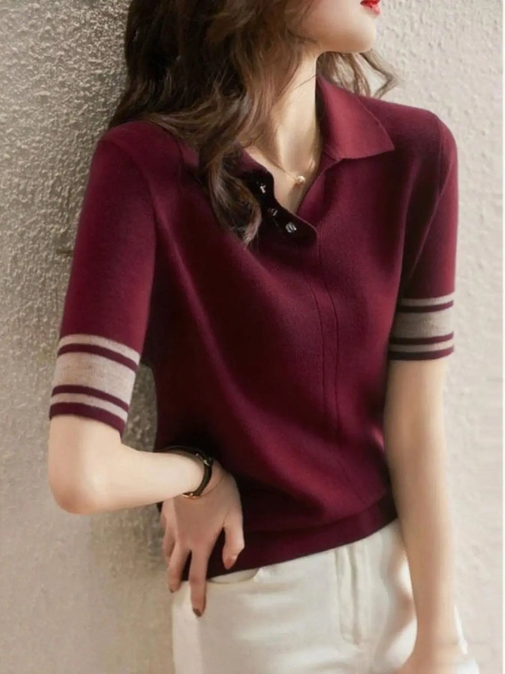 New Spring Autumn Fine Knitted Polo Shirt Slim Fitted Women Summer Versatile Stylish Short Sleeve Basic Base Layer Top, Casual Fashion Tee, Collared Polo Shirts