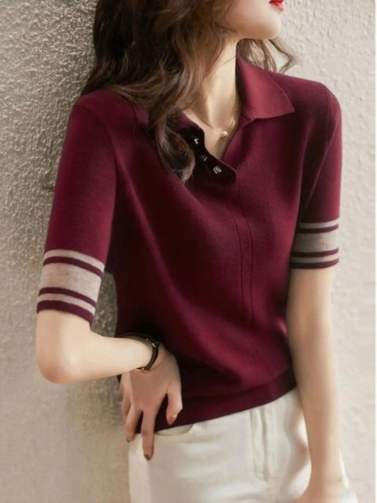 New Spring Autumn Fine Knitted Polo Shirt Slim Fitted Women Summer Versatile Stylish Short Sleeve Basic Base Layer Top, Casual Fashion Tee, Collared Polo Shirts