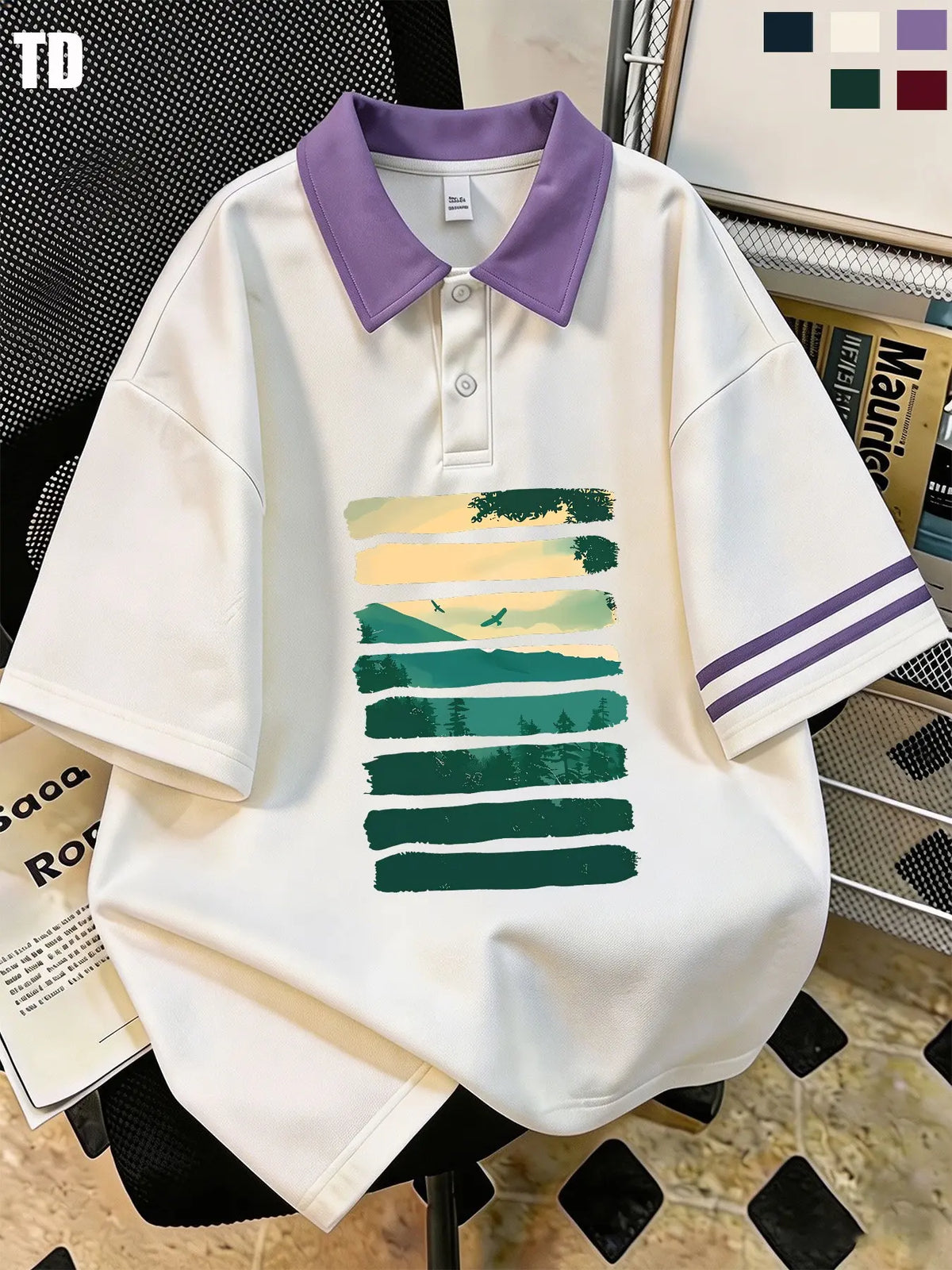 Td Retro Striped Mountain Forest Print Polo Shirt, Unisex Casual Summer Top, Collar, Double Striped Cuff, 5 Colors Available