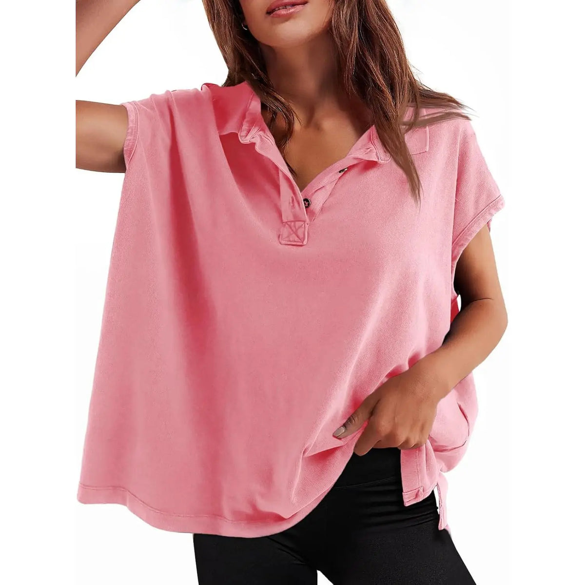 Imily Bela Womens Oversized Cap Sleeve Polo Shirts Summer Casual V Neck Tops Loose Fit Collared Cotton Tee Shirts