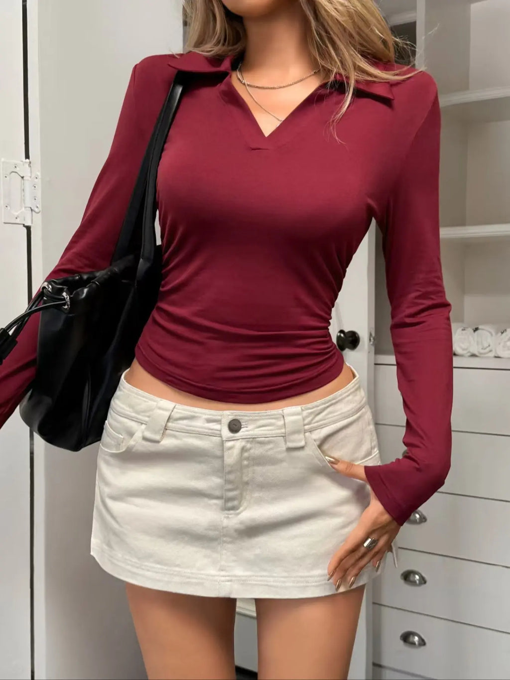Women's Spring Autumn New Polo Collar Slim Fit Long Sleeve V Neck Simple Basic Knit T-Shirt, Feminine Casual Fashion Top for Daily Wear, Womenswear