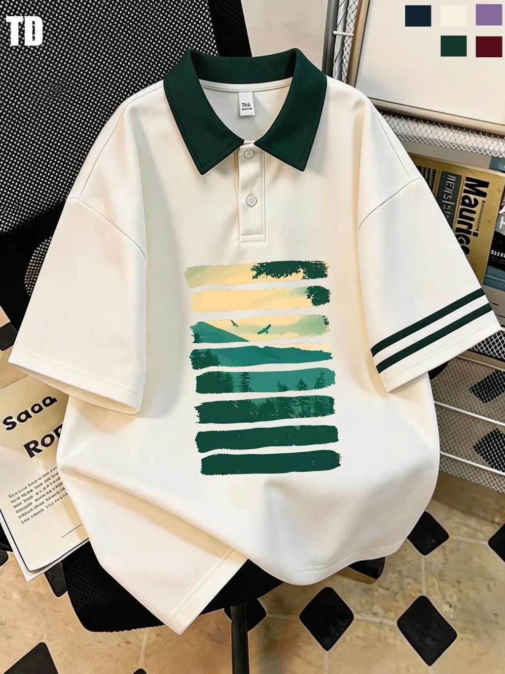 Td Retro Striped Mountain Forest Print Polo Shirt, Unisex Casual Summer Top, Collar, Double Striped Cuff, 5 Colors Available