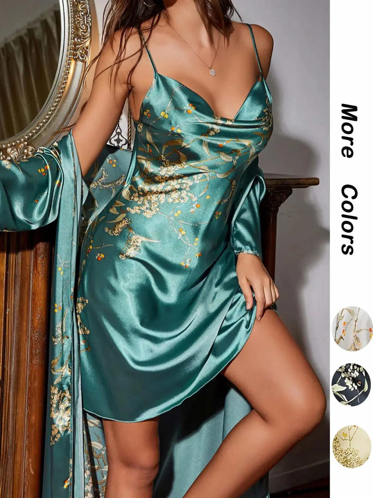 @Shopwithjulie Collection 2 Piece Set, Womenswear, Women's Lady Fitted Casual Floral Print Pyjama Set, Cowl Neck Cami & Belted Pj Robe, Fall Outfits, Women Sleepwear Loungewear Set, Long Sleeve, Style, Sleepwear Homewear Clothes, Loungewear Nightwear