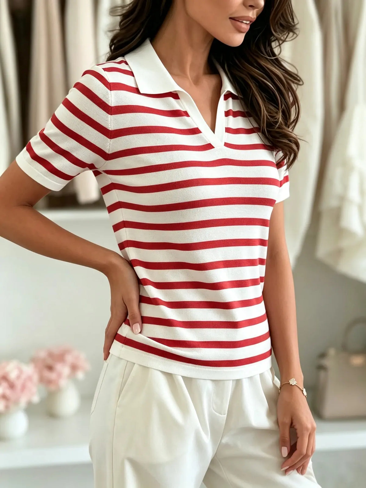 Women's Striped Short Sleeve Polo Shirt, V-Neck Lightweight Fall Layering Top, Elegant Slim-Fitting H Type, All Seasons Clothing