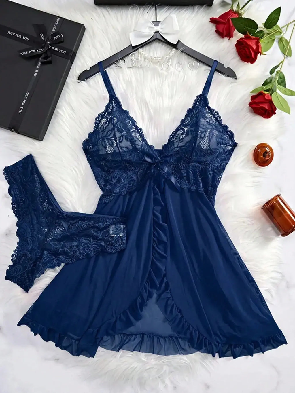 Women's 2-Piece Comfortable V-Neck Lingerie Set - Plain Lace Fabric with Black Trim Nightgown, Backless Ruffle Trim Split Hem Slip Dress with Thong for Elegant Sleepwear, Knitting Sohochic