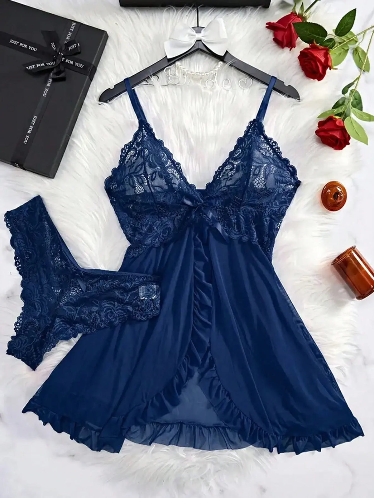 Women's 2-Piece Comfortable V-Neck Lingerie Set - Plain Lace Fabric with Black Trim Nightgown, Backless Ruffle Trim Split Hem Slip Dress with Thong for Elegant Sleepwear, Knitting Sohochic