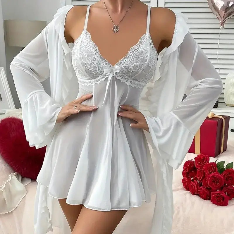 Women's 2-Piece Sexy Lace Lingerie Set - Cute Women's Sexywear, V-Neck Bodycon Bodysuit with Half-Sleeve Mesh Chemise Robe, Stretchy Breathable Lightweight Soft Nightwear