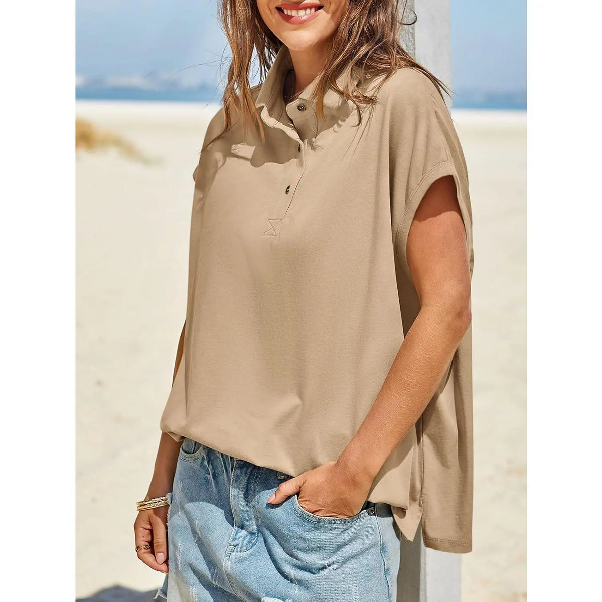 Imily Bela Womens Oversized Cap Sleeve Polo Shirts Summer Casual V Neck Tops Loose Fit Collared Cotton Tee Shirts