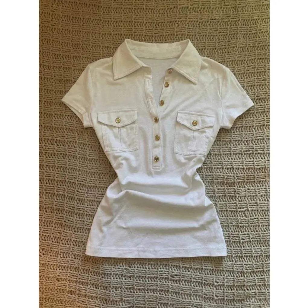 Women's Slim-Fitting Vintage Harajuku Polo Shirt - 2025 White Short-Sleeve Casual Button Clothing Item with Letter Badge Houndstooth Tops, Machine Washable Adult Wear-2598