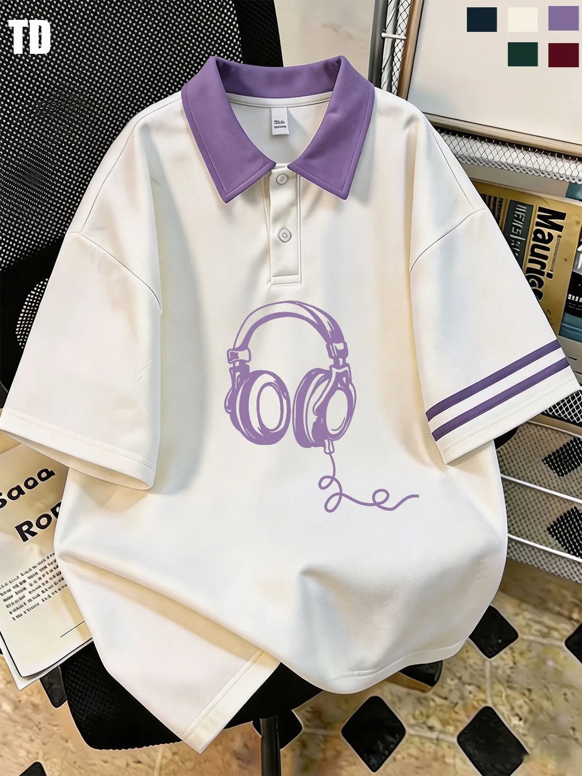 Td Retro Wired Headphones Graphic Polo Shirt, Unisex 5 Colors, Casual Summer Street Top, Fitted Patchwork Design, Music Lover Fashion Striped