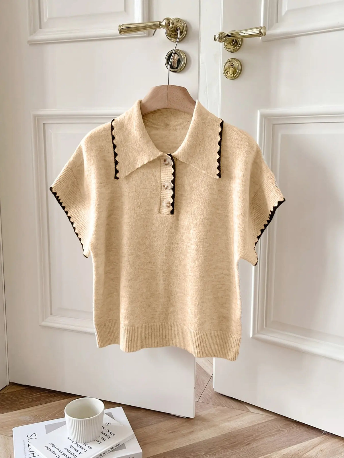 Women's Lapel Colorblock Button Knit Short Sleeve T-Shirt, Elegant Casual Style, Perfect for Spring and Summer, Comfortable and Stylish